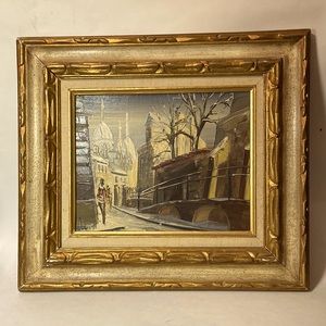 Winter in the city Oil Painting on canvas signed by Deboit Framed VTG 8 x 10”
